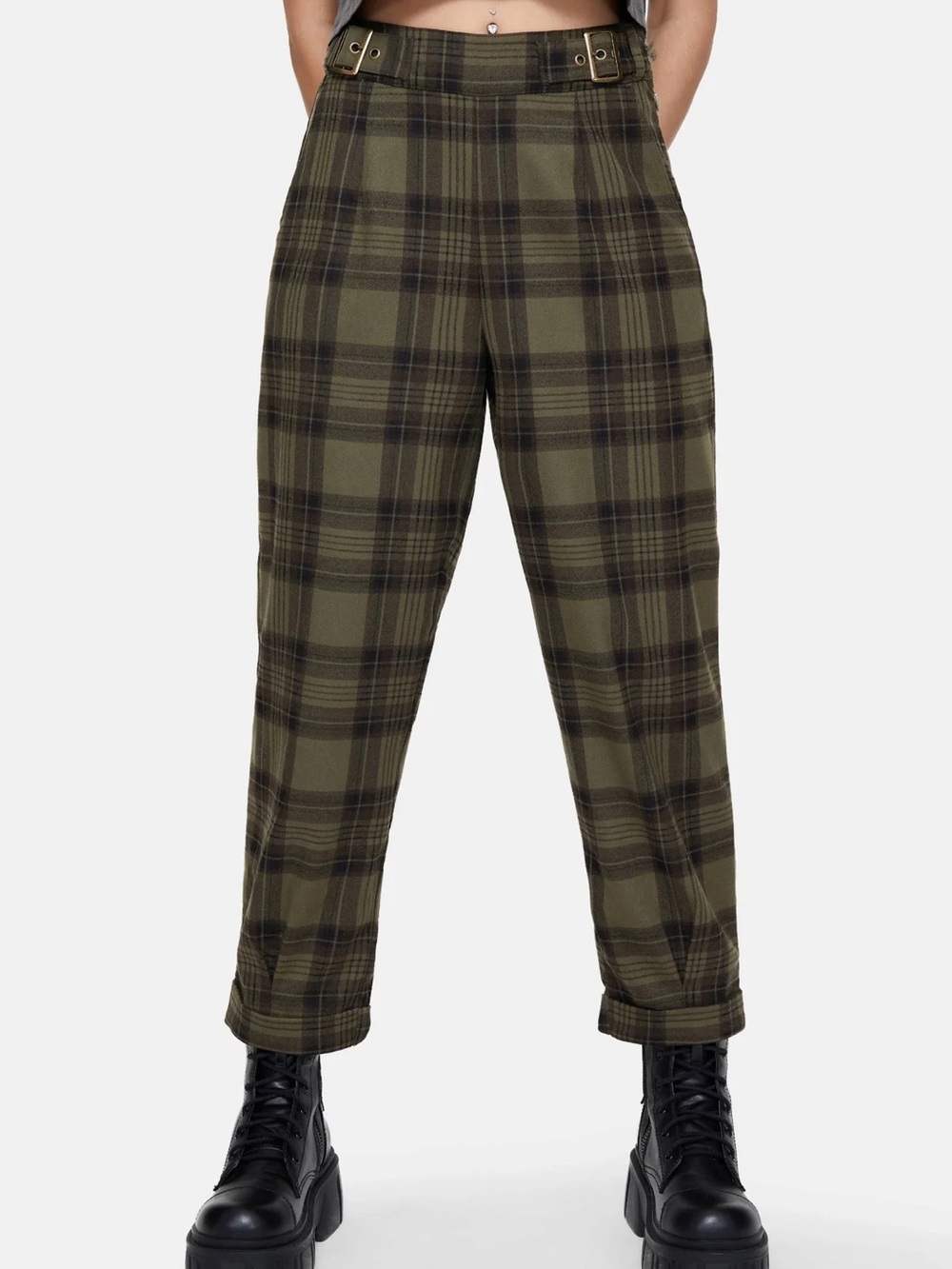 Olive Plaid High-Waist Trousers